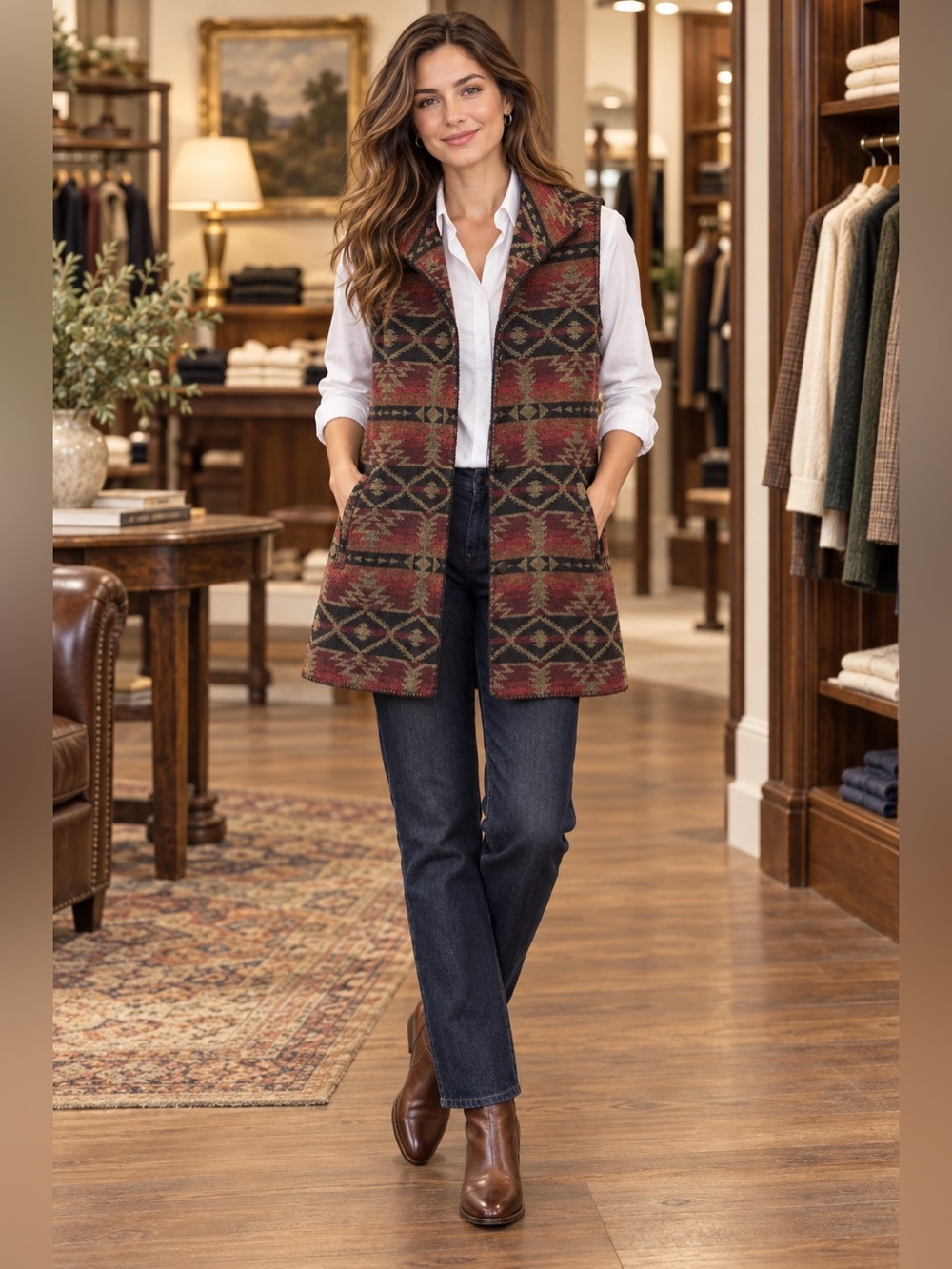 Outback Trading Co. Woven Aztec-Print Long Vest - Brown Multi Large